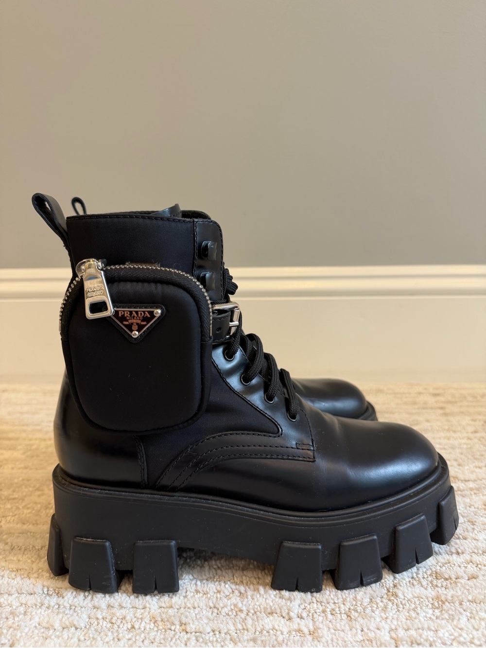 Prada Black Leather Lug-Sole Lace-Up Boots with Removable Pouch